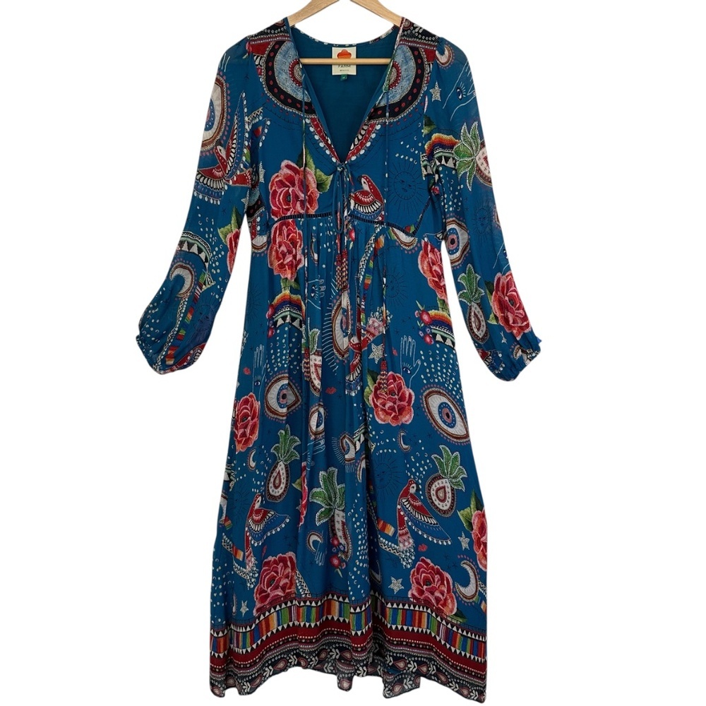 Farm Rio Midi Dress Womens XS Mystic Blue Psychedelic Festival Bohemian Vibrant